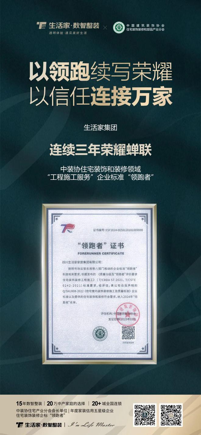 生活家集团连续三年蝉联“企业标准‘领跑者’”称号